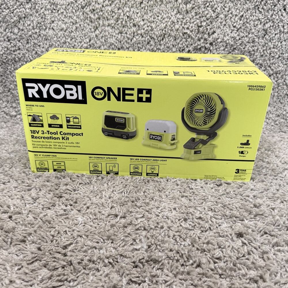 RYOBI ONE+ 18V 3 Tool Compact Recreation Kit PCL1303K1 Fan Speaker Light